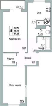 2-к квартира, строящийся дом, 57м2, 9/9 этаж