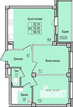 2-к квартира, строящийся дом, 56м2, 4/9 этаж