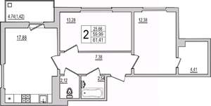 2-к квартира, вторичка, 61м2, 6/10 этаж