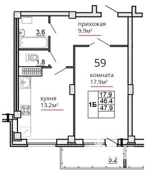 1-к квартира, сданный дом, 48м2, 11/16 этаж