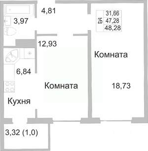 2-к квартира, строящийся дом, 48м2, 9/9 этаж