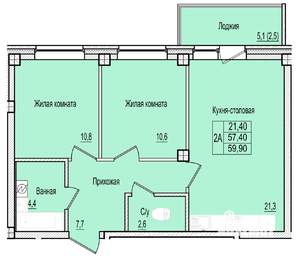 2-к квартира, строящийся дом, 60м2, 1/7 этаж