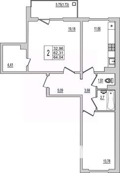 2-к квартира, вторичка, 64м2, 10/10 этаж