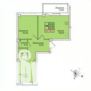 2-к квартира, строящийся дом, 58м2, 9/10 этаж