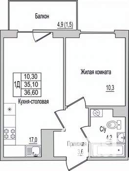 1-к квартира, вторичка, 37м2, 1/10 этаж