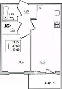 1-к квартира, вторичка, 41м2, 5/10 этаж