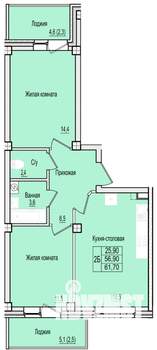 2-к квартира, строящийся дом, 62м2, 1/7 этаж