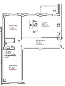 2-к квартира, вторичка, 77м2, 4/16 этаж