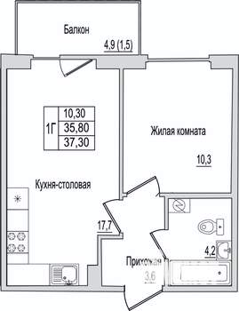 1-к квартира, вторичка, 37м2, 1/10 этаж