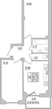 2-к квартира, вторичка, 57м2, 3/10 этаж
