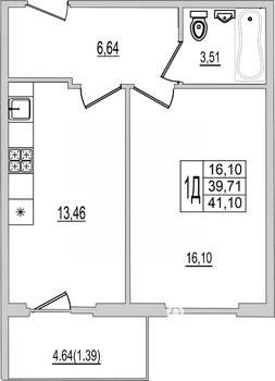 1-к квартира, вторичка, 41м2, 5/10 этаж